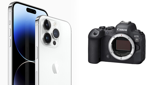 iPhone 14 Pro in white and Canon EOS R6 Mark II mirrorless camera displayed side by side.