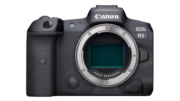 Canon EOS R5 mirrorless camera body front view with lens mount exposed.