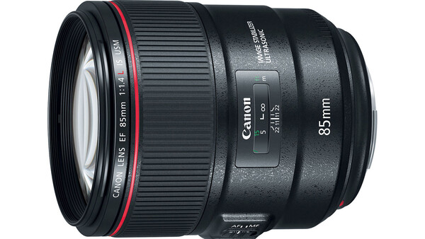 Canon EF 85mm f/1.4L IS USM telephoto lens with red ring accent against white background.