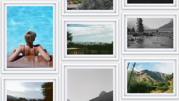 White-framed photo grid displaying landscape and portrait photography on a wall.