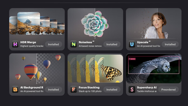 Screenshot of six AI-powered photo editing tools displayed as installable apps.