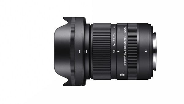 Black telephoto zoom lens with lens hood attached, shown in side profile against white background.