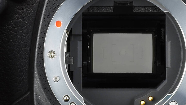 Interior view of a camera body with mirror removed, showing the sensor and mirror box assembly with black housing and light gray sensor surface.