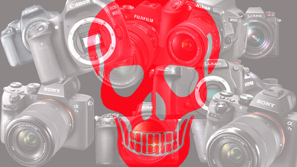 Graphic illustration of a red skull surrounded by professional camera bodies and lenses in grayscale.