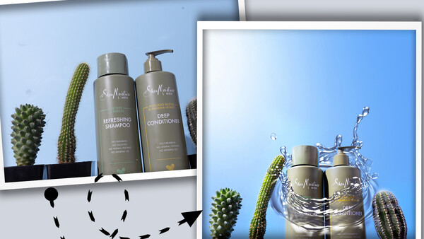 Side-by-side comparison of product photography showing cosmetic bottles with cacti against blue backgrounds.