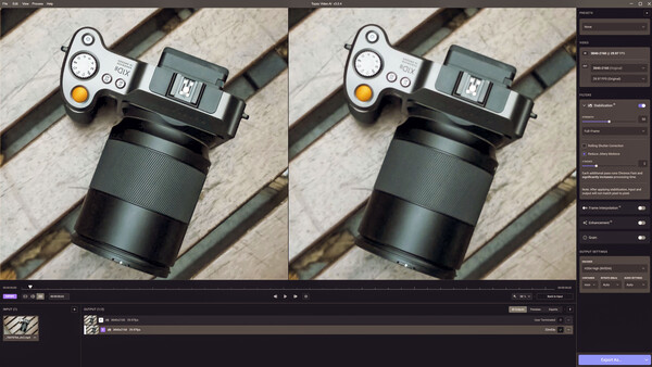 Screenshot of photo editing software showing before and after comparison of a camera and lens on wooden surface.