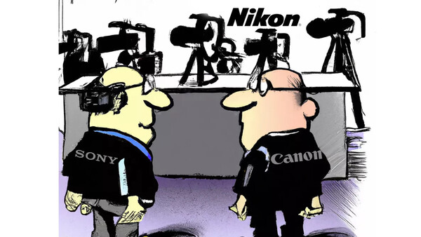 Illustration of two cartoon figures wearing Sony and Canon branded clothing standing before a Nikon display with multiple camera equipment silhouettes.