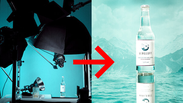 Studio lighting setup with softbox and reflectors transitioning to product photograph of a mineral water bottle against a mountain lake background.