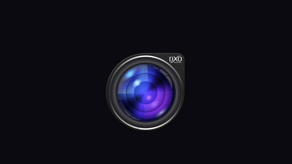 Illustration of a camera lens with glowing blue and purple light emanating from the center, labeled DXO.