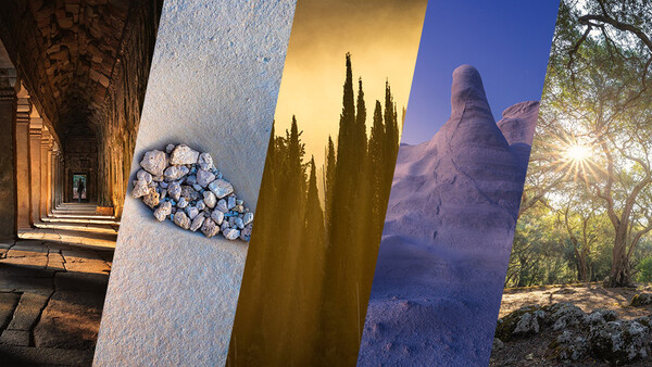 Composite image showing five distinct architectural and natural photography scenes arranged vertically.