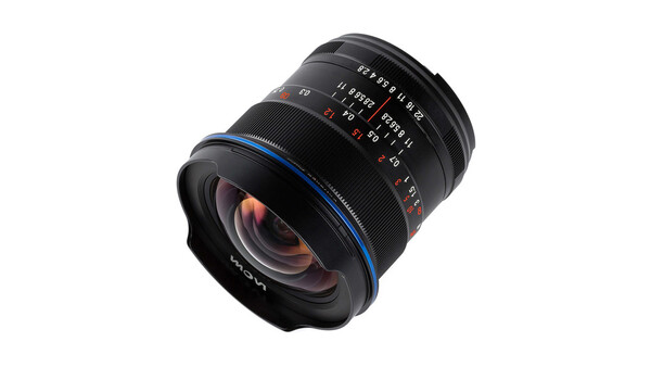 Wide-angle prime lens with blue accent ring and manual focus distance scale.