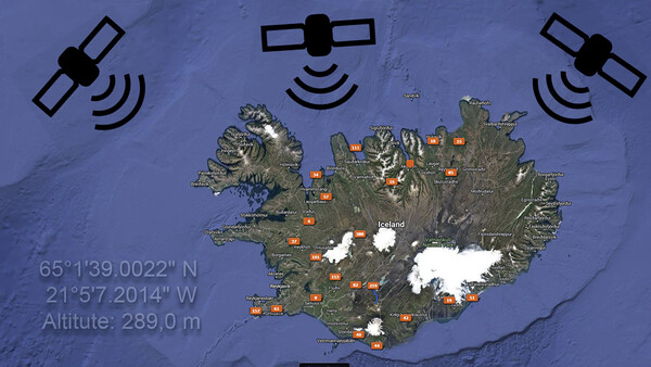 Map graphic of Iceland with satellite icons and location markers overlaid on a blue background.