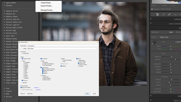 Screenshot of Adobe Lightroom preset management dialog with portrait image of man in brown jacket displayed in background.