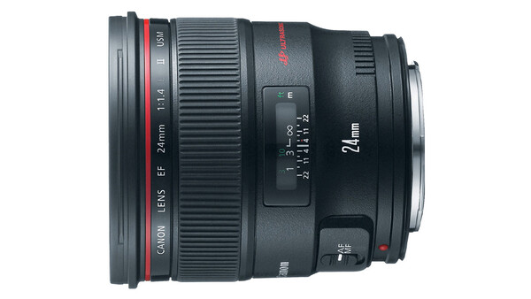 Canon EF 24mm f/1.4L USM prime lens with red ring accent and focus distance scale visible.