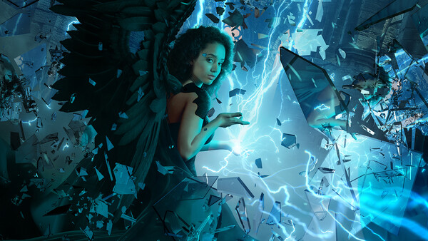 Woman surrounded by glowing blue energy and shattering glass fragments in a digital composite.