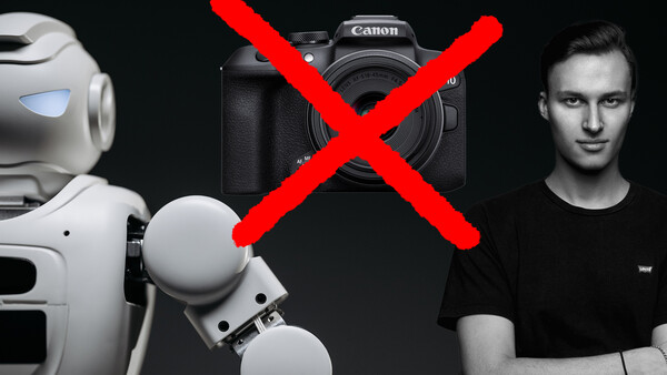 Illustration comparing AI-generated faces and robots with a Canon camera marked with a red X.