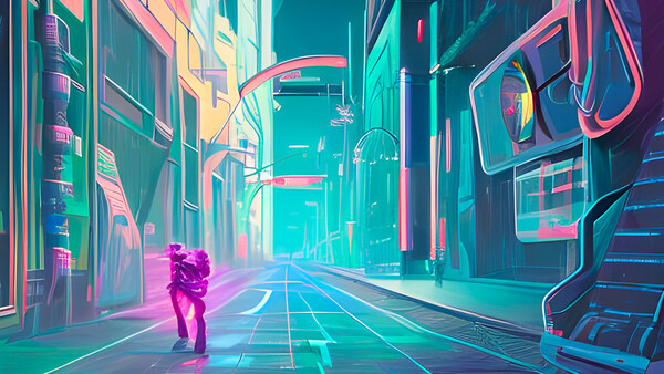 Illustration of a solitary figure in neon pink standing in a futuristic cyberpunk street lined with glowing signs and holographic displays.