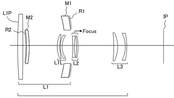 Diagram of a camera lens optical design showing multiple lens elements and mirror components.