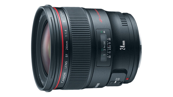 Canon EF 24mm f/1.4L USM prime lens with red accents and focus ring visible.