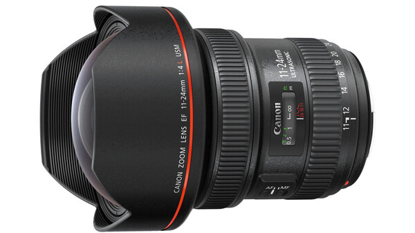 Canon TS-E 17mm f/4L ultra-wide tilt-shift lens with hood attached, shown from front angle.
