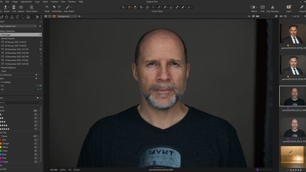 Screenshot of portrait editing software showing a headshot of a man with studio lighting applied.