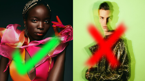 Side-by-side portrait comparison with neon checkmark and X symbols overlaid on subjects against vibrant colored backgrounds.