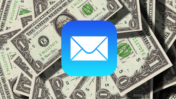 Apple Mail app icon overlaid on a background of US dollar bills.