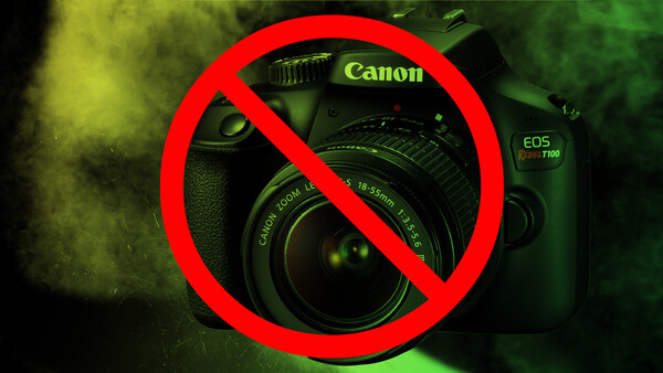 Canon EOS T7i DSLR camera with a red prohibition symbol overlaid on top.