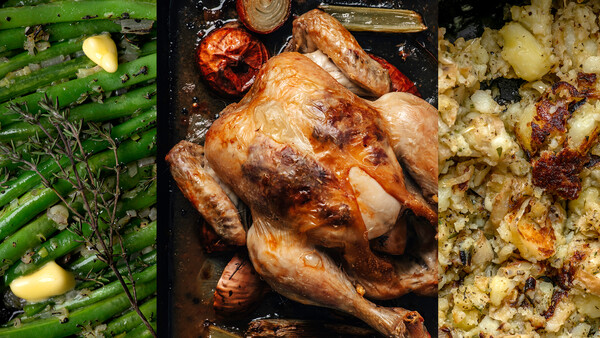 Three plated dishes arranged horizontally: roasted chicken with vegetables, green beans with garlic, and herb-crusted potatoes.