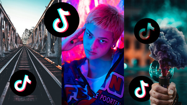 Composite graphic with three photographs overlaid with TikTok logos, featuring vibrant neon and moody lighting.