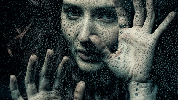 Woman with hands pressed against glass, face partially obscured by grainy texture overlay.
