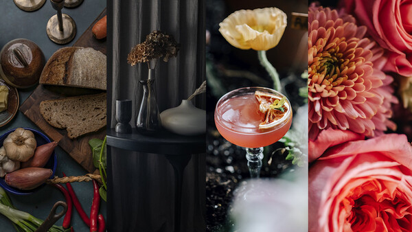 Four-panel food and beverage photography collage showing bread, flowers, a cocktail, and floral arrangements.