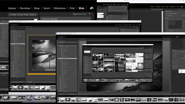 Screenshot of photo editing software showing multiple windows with black and white landscape photographs and contact sheet views.