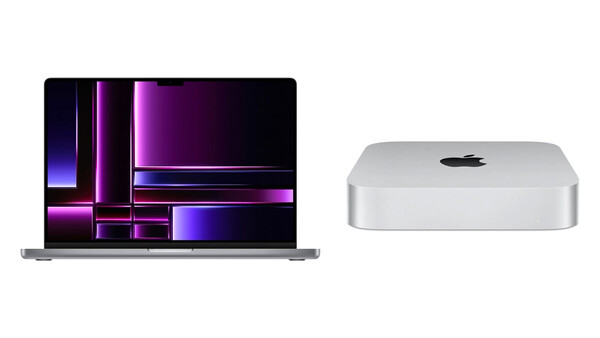 MacBook Pro laptop displaying neon purple and blue abstract graphic design alongside Mac mini desktop computer.