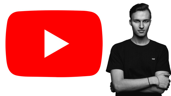 YouTube logo next to portrait of man in black t-shirt with arms crossed.
