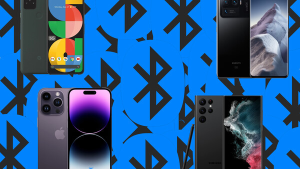 Four smartphones arranged on a bright blue background with black geometric patterns.