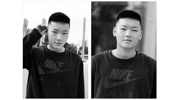Two black and white portrait photographs of a young man in a Nike shirt, one with arm raised and one with neutral pose.