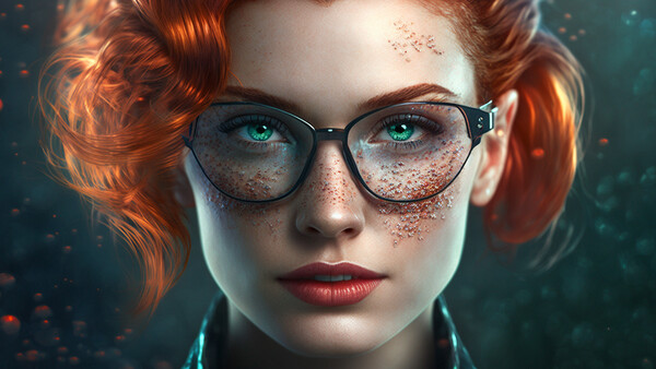 Illustration of a woman with red hair and freckles wearing black-framed glasses with green eyes.