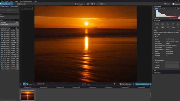 Screenshot of photo editing software showing a sunset over water with golden reflections.