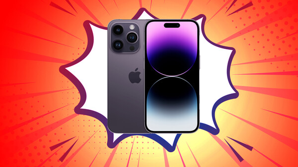 Graphic illustration of a space gray smartphone displaying a gradient wallpaper, shown front and back views against a radial burst background.