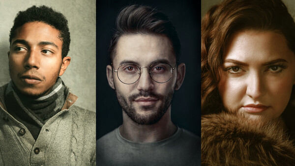 Three portrait headshots displaying varied lighting, poses, and post-processing techniques.