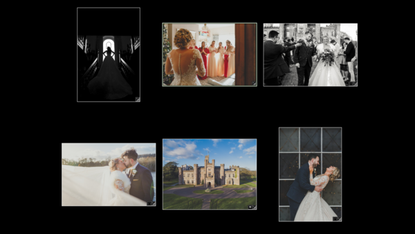 Grid of six wedding photography examples displaying diverse styles and venues.