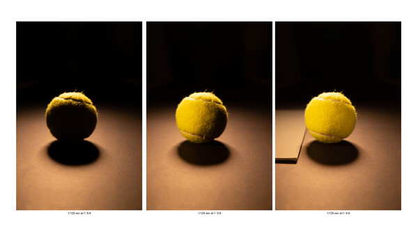 Three-frame sequence of a yellow tennis ball with dramatic side lighting and shadows on a warm brown surface.
