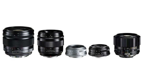 Five camera lenses of varying sizes arranged in a row against a white background.