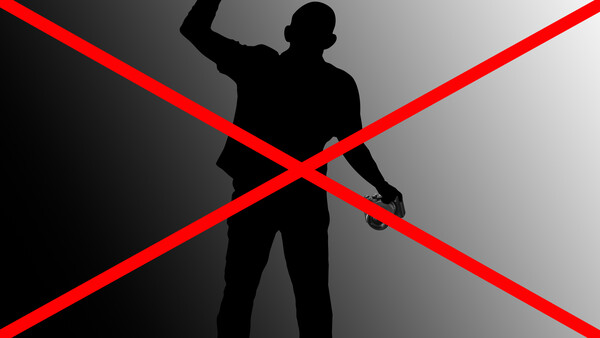 Silhouette of a man with a rifle crossed out by red X marks on a gradient background.