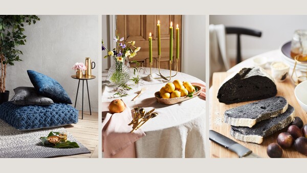 Three styled interior and tableware scenes featuring blue textiles, gold accents, and natural elements.