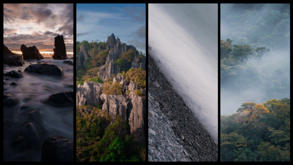 Four vertical landscape photographs showcasing rocky coastlines, dramatic cliff formations, misty mountains, and lush forest canopies.