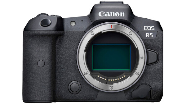 Canon EOS R5 mirrorless camera body front view showing sensor and mount.