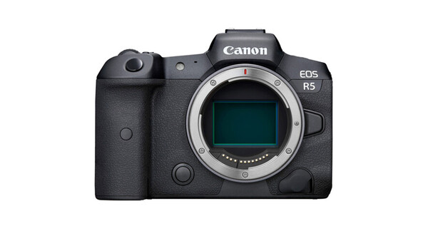 Canon EOS R5 mirrorless camera body shown from front with lens mount exposed.