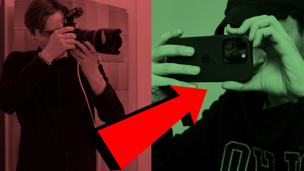 Graphic comparison showing DSLR camera work versus smartphone photography with red arrow indicating transition.